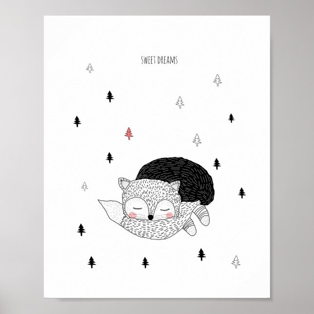 Nursery Art, Fox Illustration, Sweet Dreams Poster (Front)