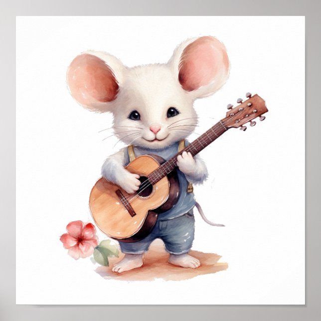 Nursery Art Mouse Playing Guitar, Right-handed Poster (Front)
