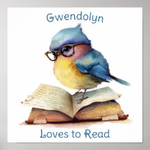 Nursery Art Poster Blue Bird Reading Personalise
