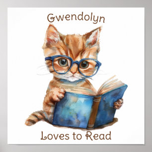 Nursery Art Poster Cat Reading a Book Personalise