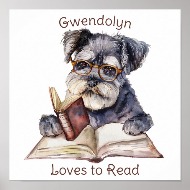 Nursery Art Poster Dog Reading a Book  Personalise (Front)