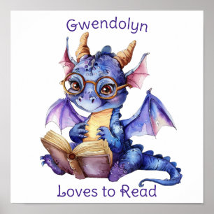 Nursery Art Poster Dragon Reading Personalise