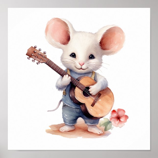 Nursery Art Poster Mouse Playing Guitar, Left-hand (Front)