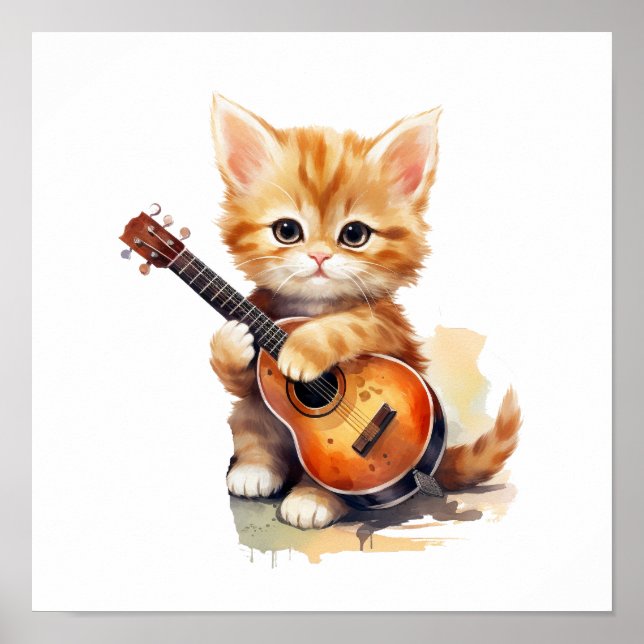 Nursery Art Poster Orange Cat Guitar Left-Handed  (Front)