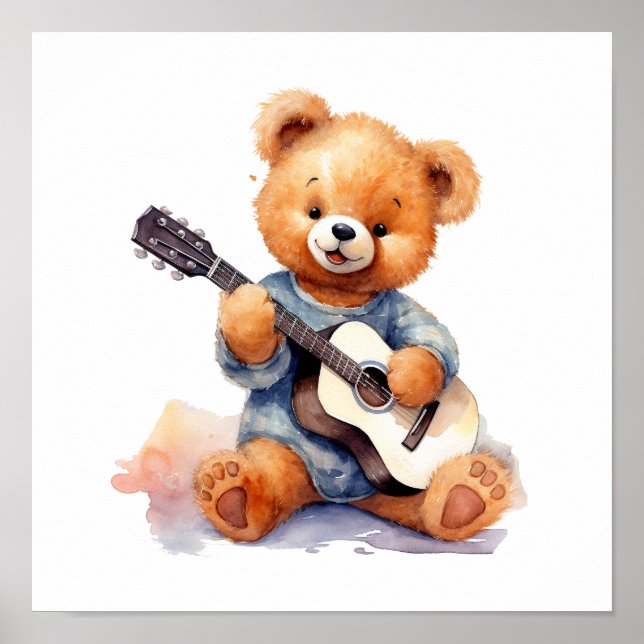 Nursery Art Poster Teddy Bear Guitar Left-Handed  (Front)