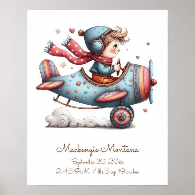 Nursery Artwork Child Flying Plane Personalised Poster (Front)