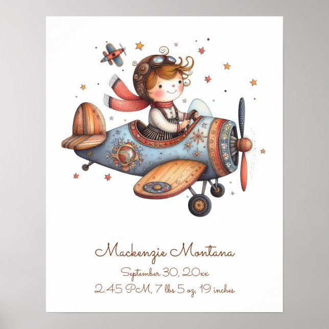 Nursery Artwork Child Flying Plane Personalised Poster (Front)