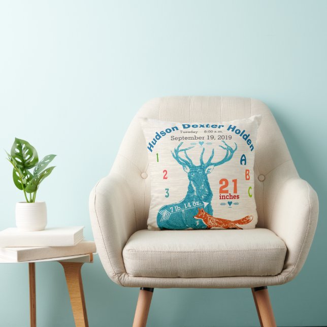 Nursery Baby Boy Birth Stat Fox Deer Arrow Cushion (Chair)