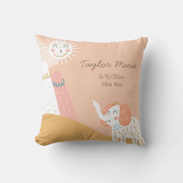 Nursery Birth Stats Boho Sunshine Elephant Cushion (Front)
