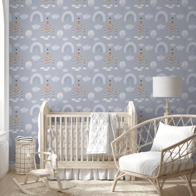 Nursery Blue Clouds Rainbows and Balloons Wallpaper (Kids)