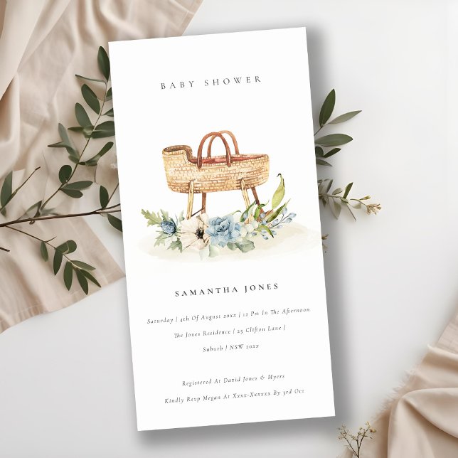 Nursery Blue Floral Bassinet Baby Shower Invite (Creator Uploaded)