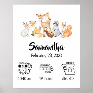 Nursery boho woodland animals birth stats poster