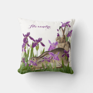Nursery Bunny Rabbit Purple Iris Floral Cushion