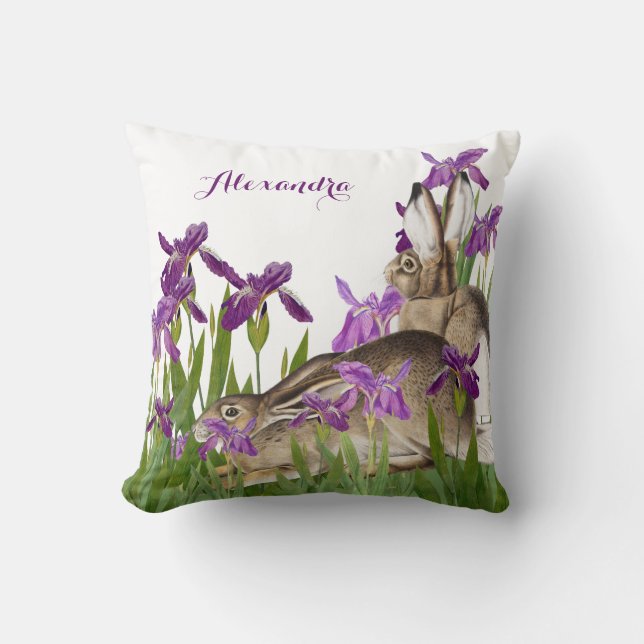 Nursery Bunny Rabbit Purple Iris Floral Cushion (Front)