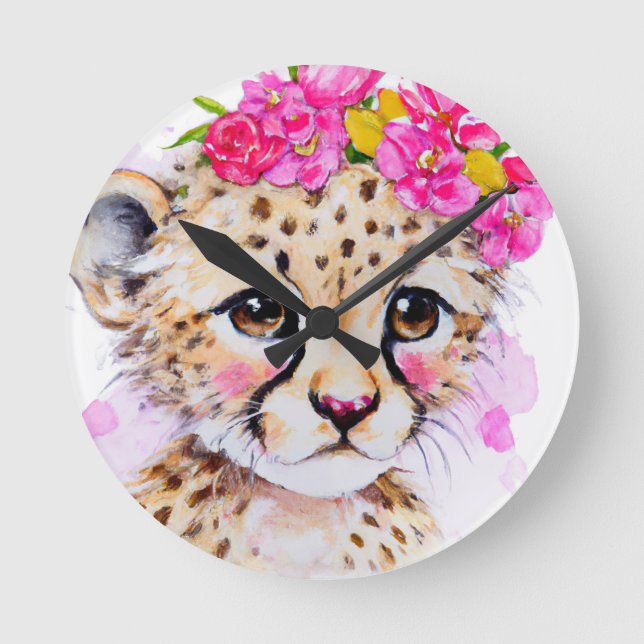Nursery Clock Baby Cheetah with Pink Flower Crown (Front)