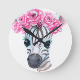 Nursery Clock Zebra with Pink Flower Crown