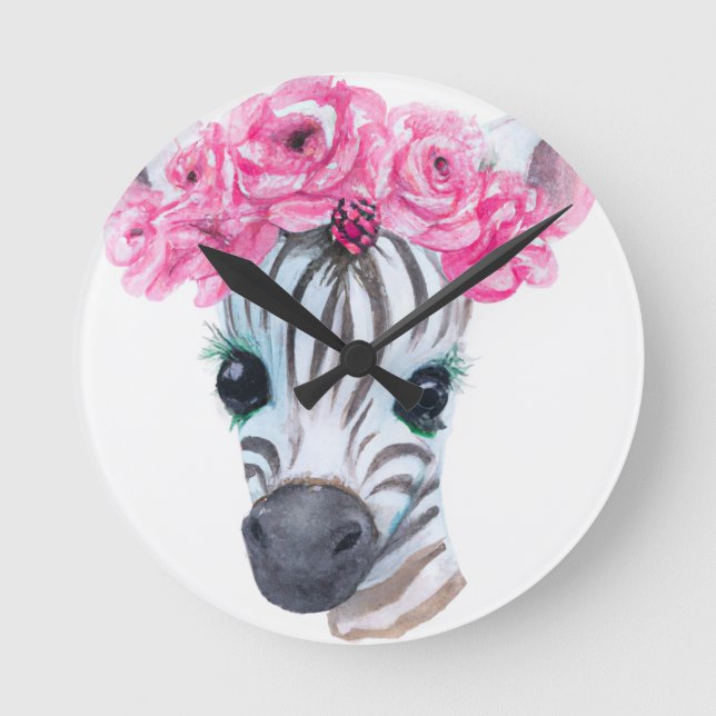 Nursery Clock Zebra with Pink Flower Crown (Front)