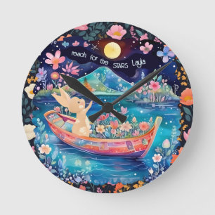 Nursery Cute Bunny Floral Maximalist Round Clock