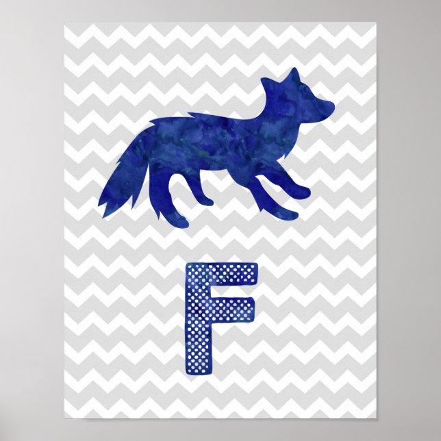 Nursery Decor Blue Fox Letter F Grey Chevron (Front)