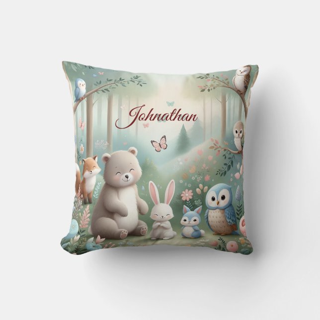 Nursery Decor, Forest Cute Animals - Custom Name  Cushion (Front)