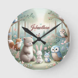 Nursery Decor, Forest Cute Animals - Custom Name  Round Clock