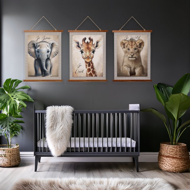 Nursery Decor Jungle Animals Prints Hanging Tapestry (Nursery Jungle Animals Trio - Baby Elephant, Baby Giraffe, Lion Cub - Editable Captions Tapestries)