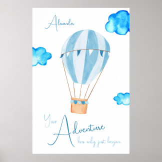 Nursery hot air balloon watercolor name poster