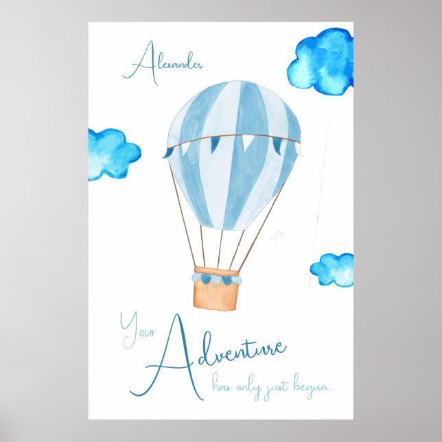 Nursery hot air balloon watercolor name poster (Front)