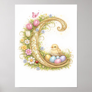 Nursery Letter C Chick Baby Initial Gold Floral Poster