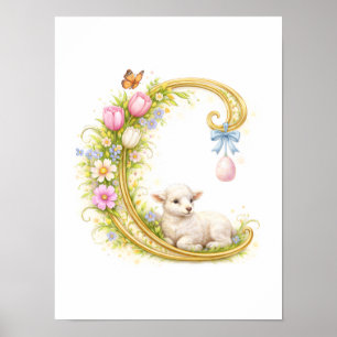 Nursery Letter C Lamb Baby Initial Gold Floral Poster