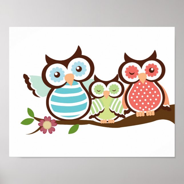 Nursery owl art poster baby with mum dad (Front)