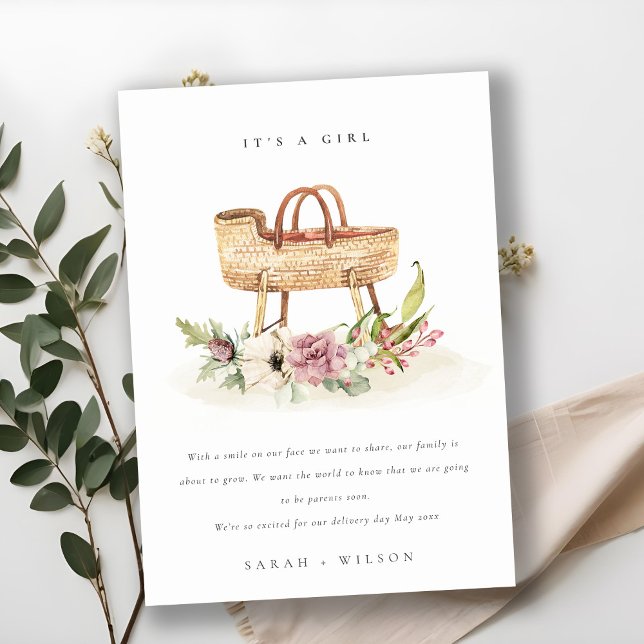 Nursery Pink Floral Bassinet Baby Announcement (Creator Uploaded)