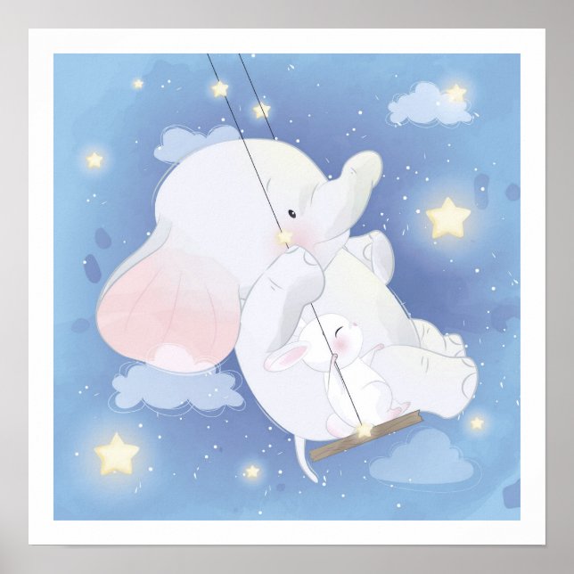 NURSERY POSTER : BABY ELEPHANT + BUNNY (Front)