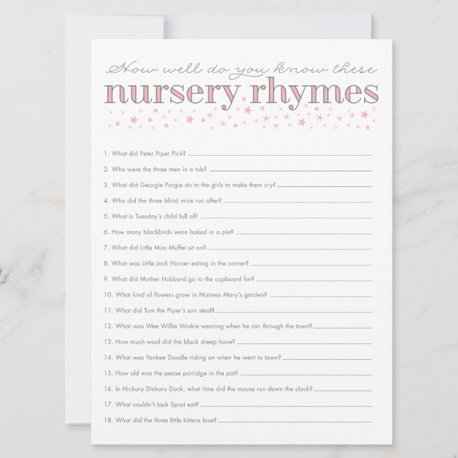Nursery Rhyme Game Star Baby Shower Game Card (Front)