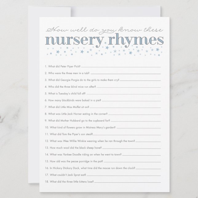 Nursery Rhyme Game Star Baby Shower Game Card (Front)