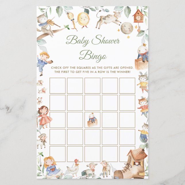 Nursery Rhyme Greenery Baby Shower Bingo Game (Front)