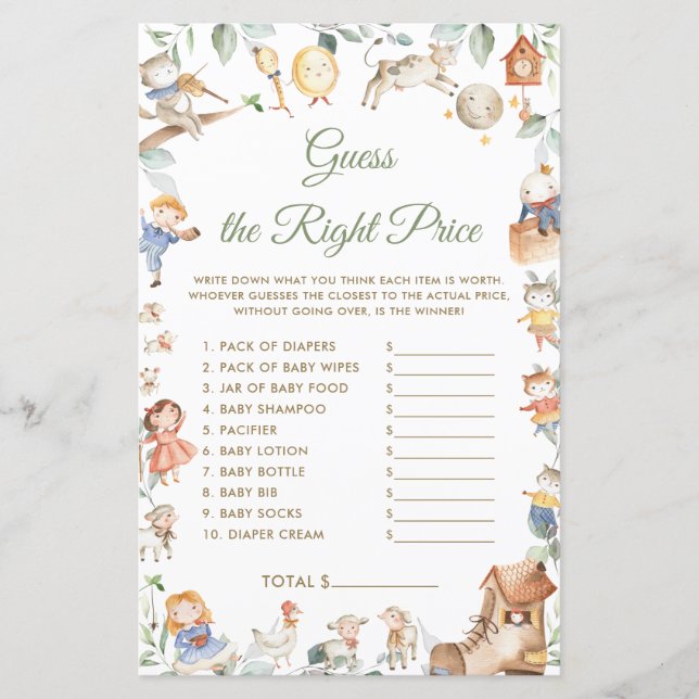 Nursery Rhyme Guess Right Price Baby Shower Game (Front)