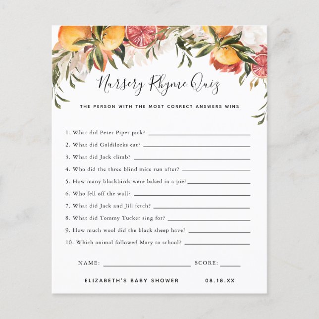 Nursery Rhyme Quiz | Baby Shower Game (Front)