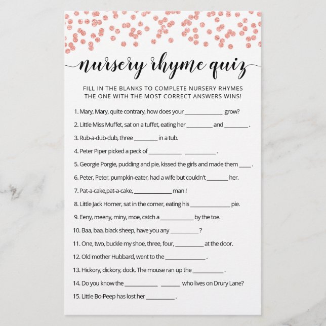 Nursery Rhyme Quiz Baby Shower game with Answers (Front)