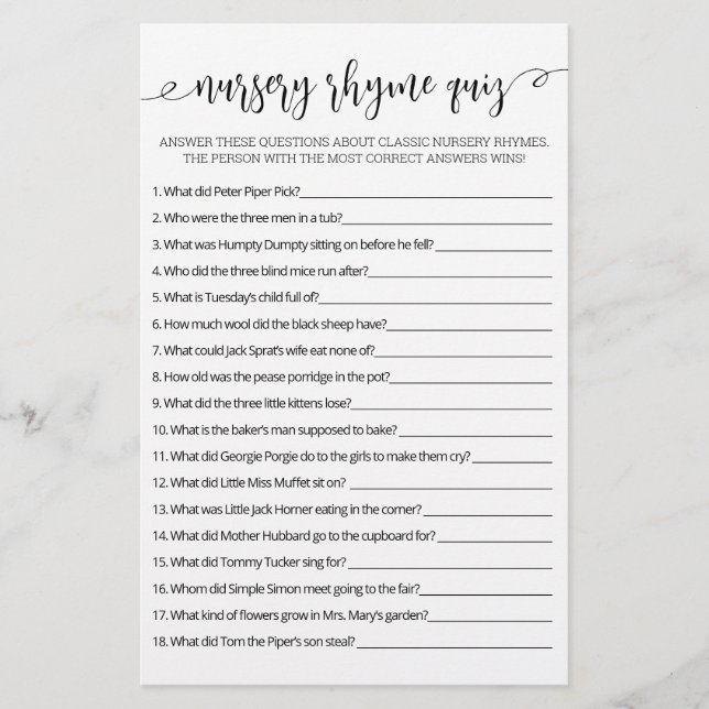 Nursery Rhyme Quiz Baby Shower game with Answers (Front)