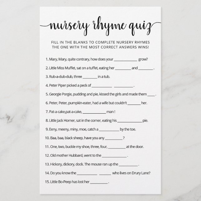 Nursery Rhyme Quiz Baby Shower game with Answers (Front)