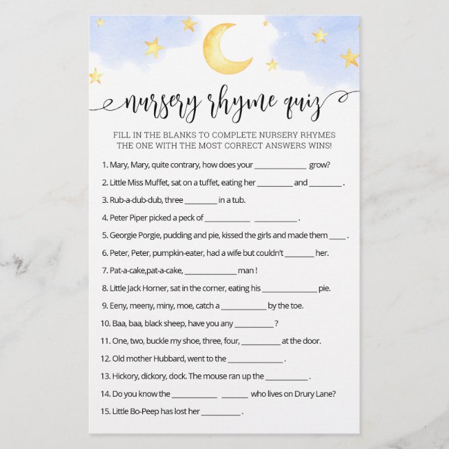 Nursery Rhyme Quiz Baby Shower game with Answers (Front)