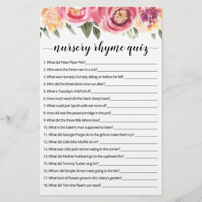Nursery Rhyme Quiz Baby Shower game with Answers (Front)