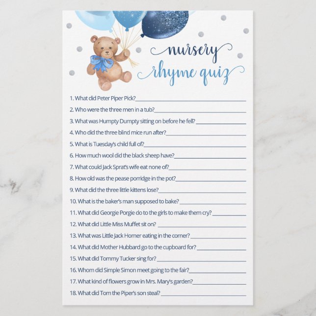 Nursery Rhyme Quiz Game Baby Shower Teddy Bear  (Front)