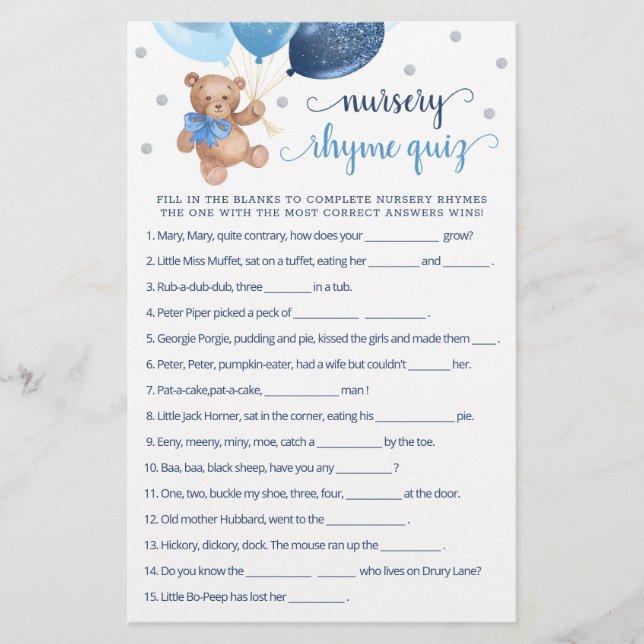 Nursery Rhyme Quiz Game Baby Shower Teddy Bear  (Front)