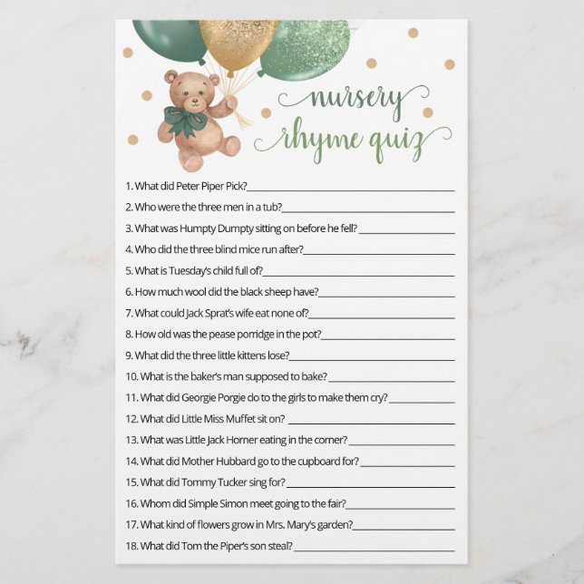 Nursery Rhyme Quiz Game Baby Shower Teddy Bear  (Front)