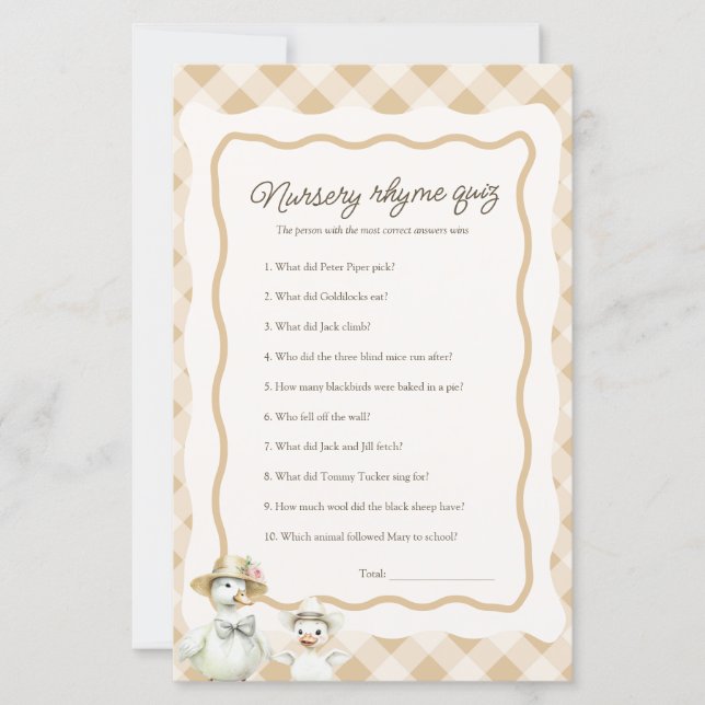 Nursery Rhyme Quiz Goose Theme Baby Shower Game (Front)