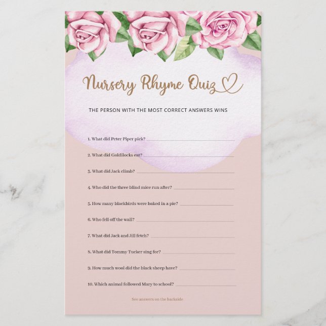 Nursery Rhyme Quiz Teddy Bear Girl Baby Shower (Front)