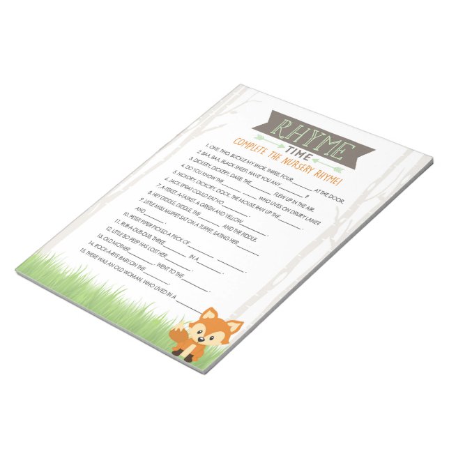 Nursery Rhyme Woodland Fox Baby Shower Game Pack Notepad (Angled)