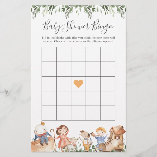 Nursery Rhymes Baby Shower Bingo Game (Front)